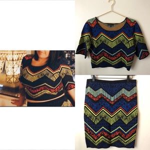 2 Piece Unique Colorful Printed Knit Set Crop Top and Bodycon Skirt Size Large